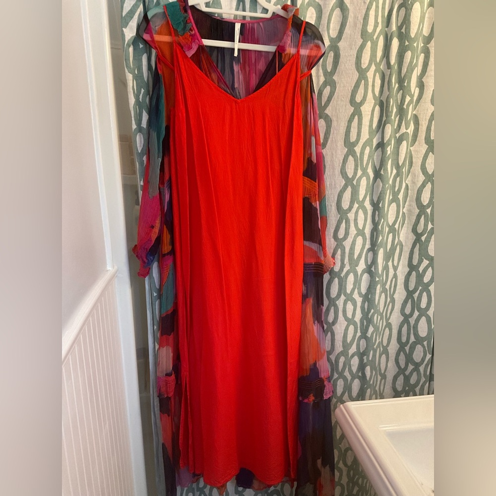 Anthropologie Marais Sheer Long Sleeve Maxi Dress in pink and red + multicolors - Picture 6 of 9